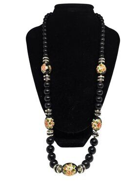 Vintage Black Beaded Cloisonné Floral Necklace Gold Tone Spacers Statement 24”